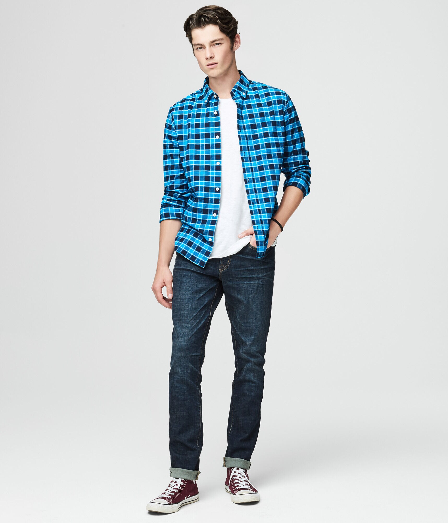 Long Sleeve Check Stretch Oxford Woven Shirt