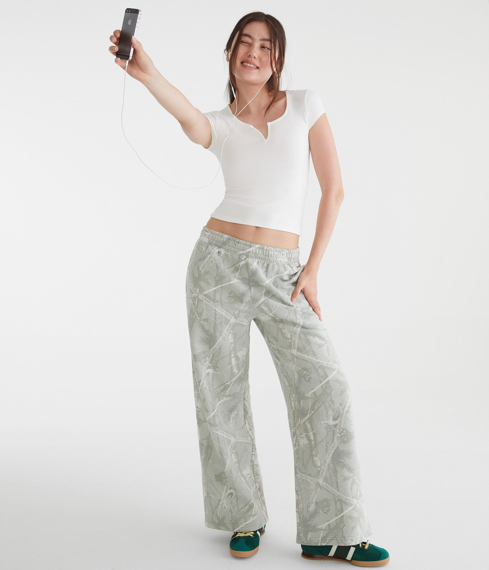 Forest Camo Mid-Rise Wide Leg Sweatpants