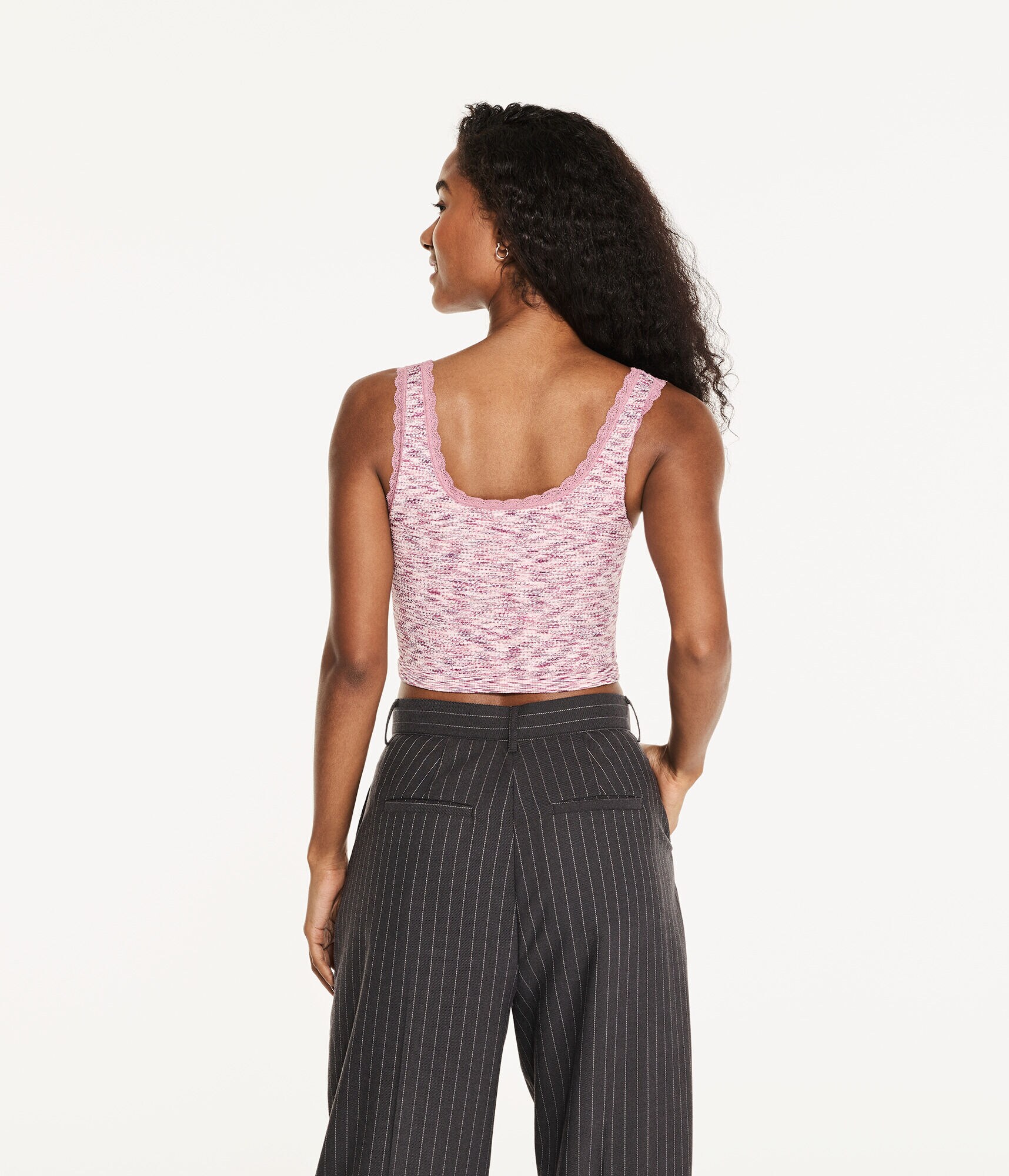 Wear 3 Ways Space-Dye Seamless Lace-Trim Cropped Tank