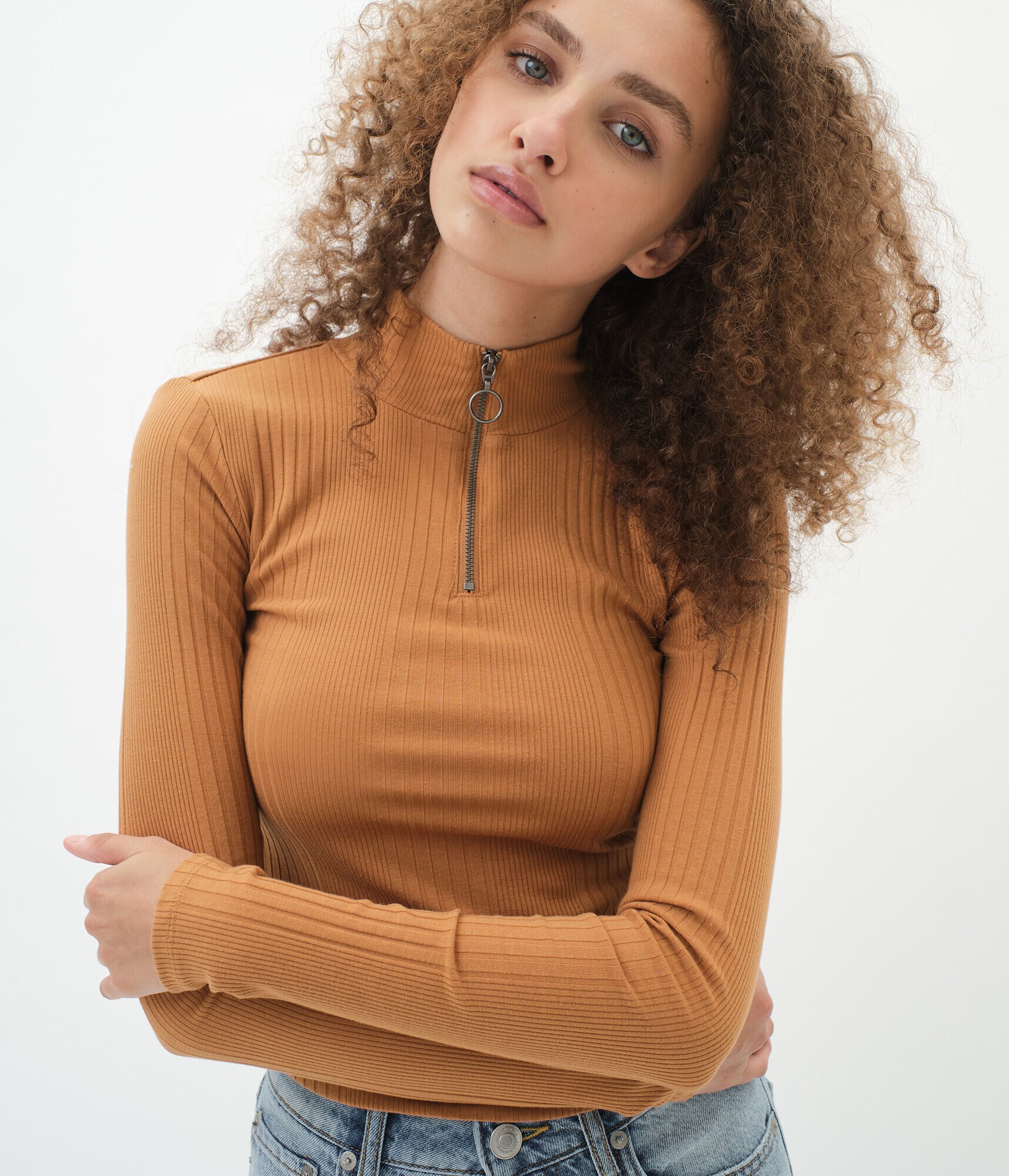 Long Sleeve Zippered Mock-Neck Bodycon Top