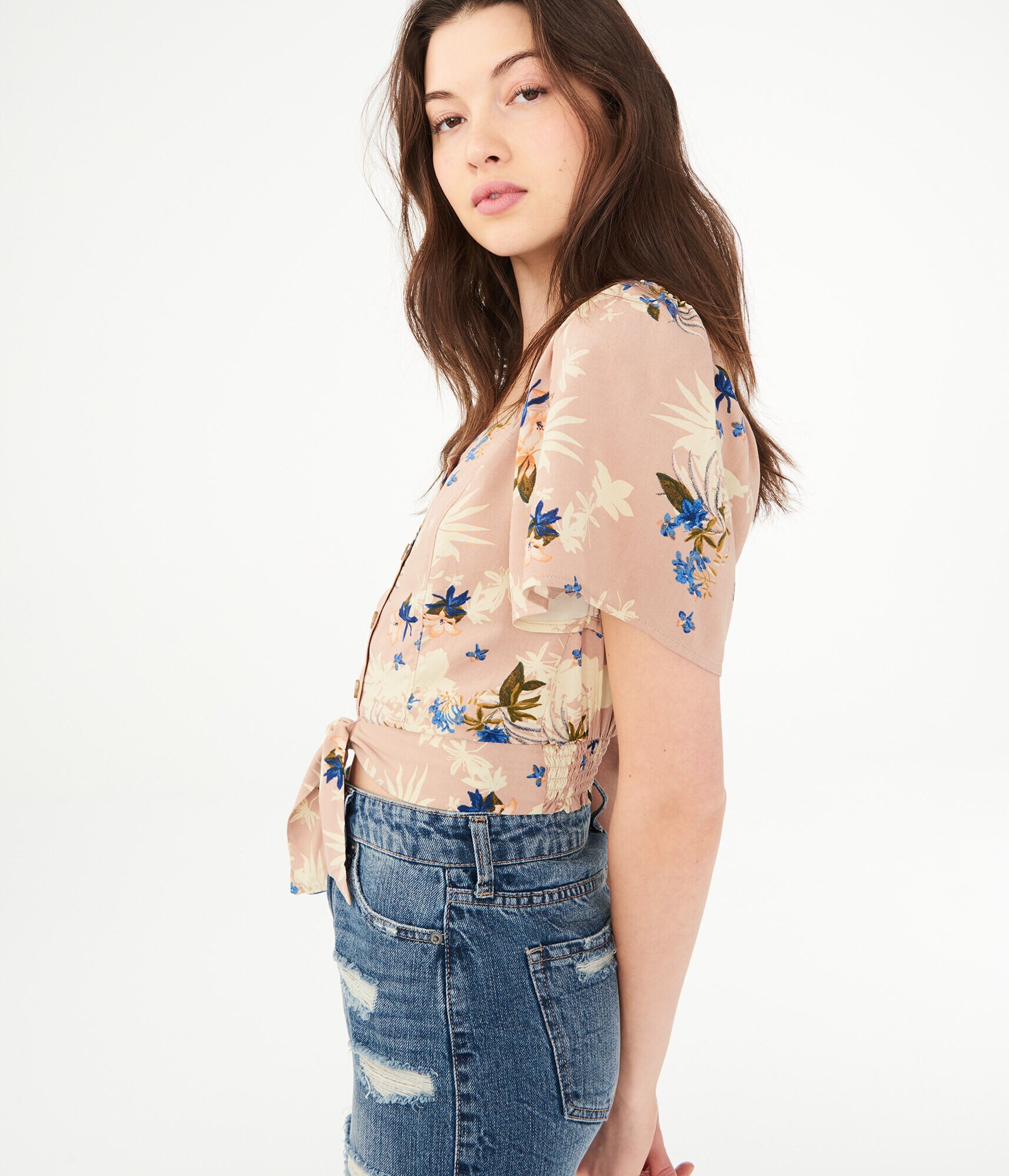 Floral Button-Front Tie Top