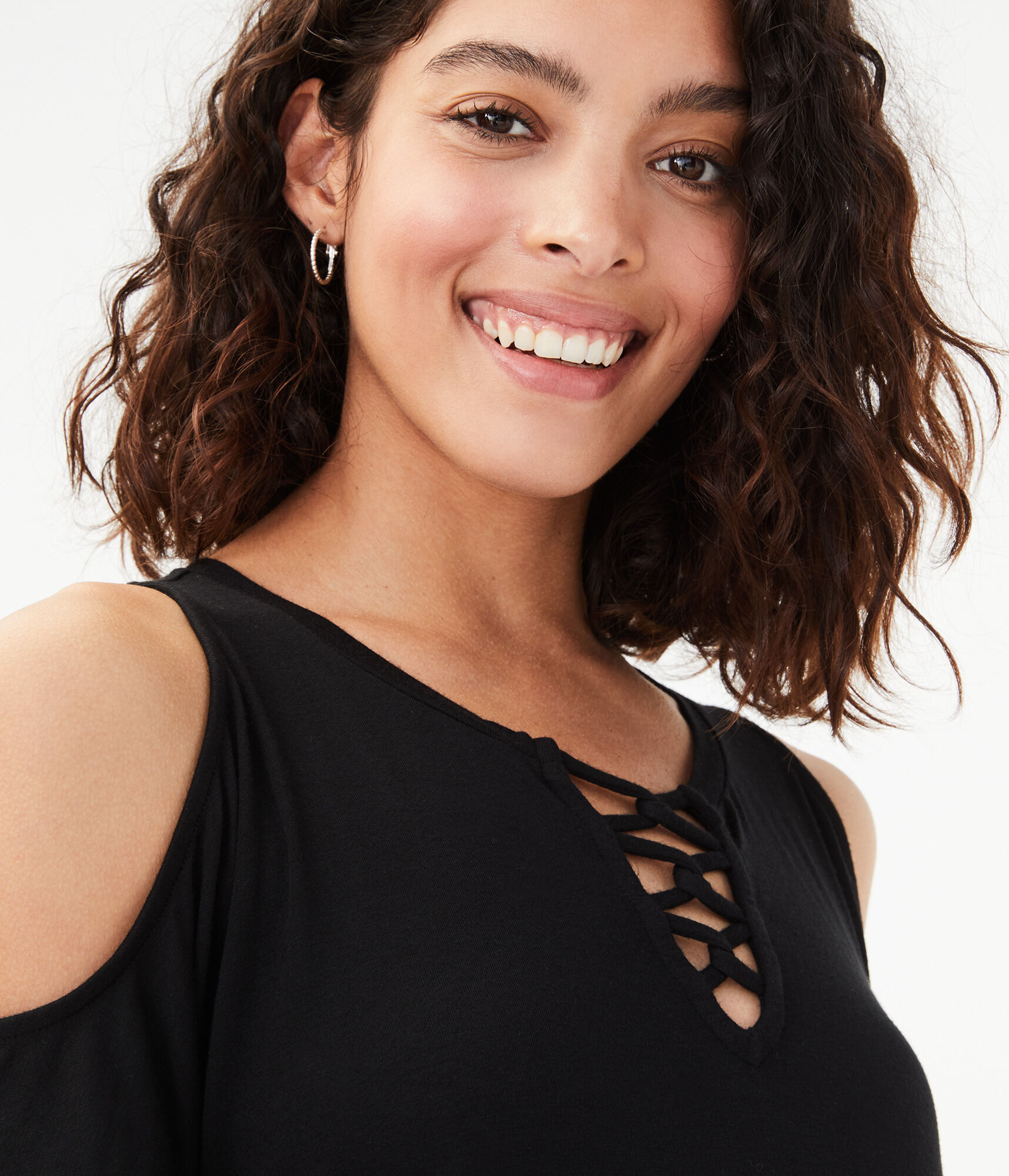 Seriously Soft Cold-Shoulder Lace-Up Top***