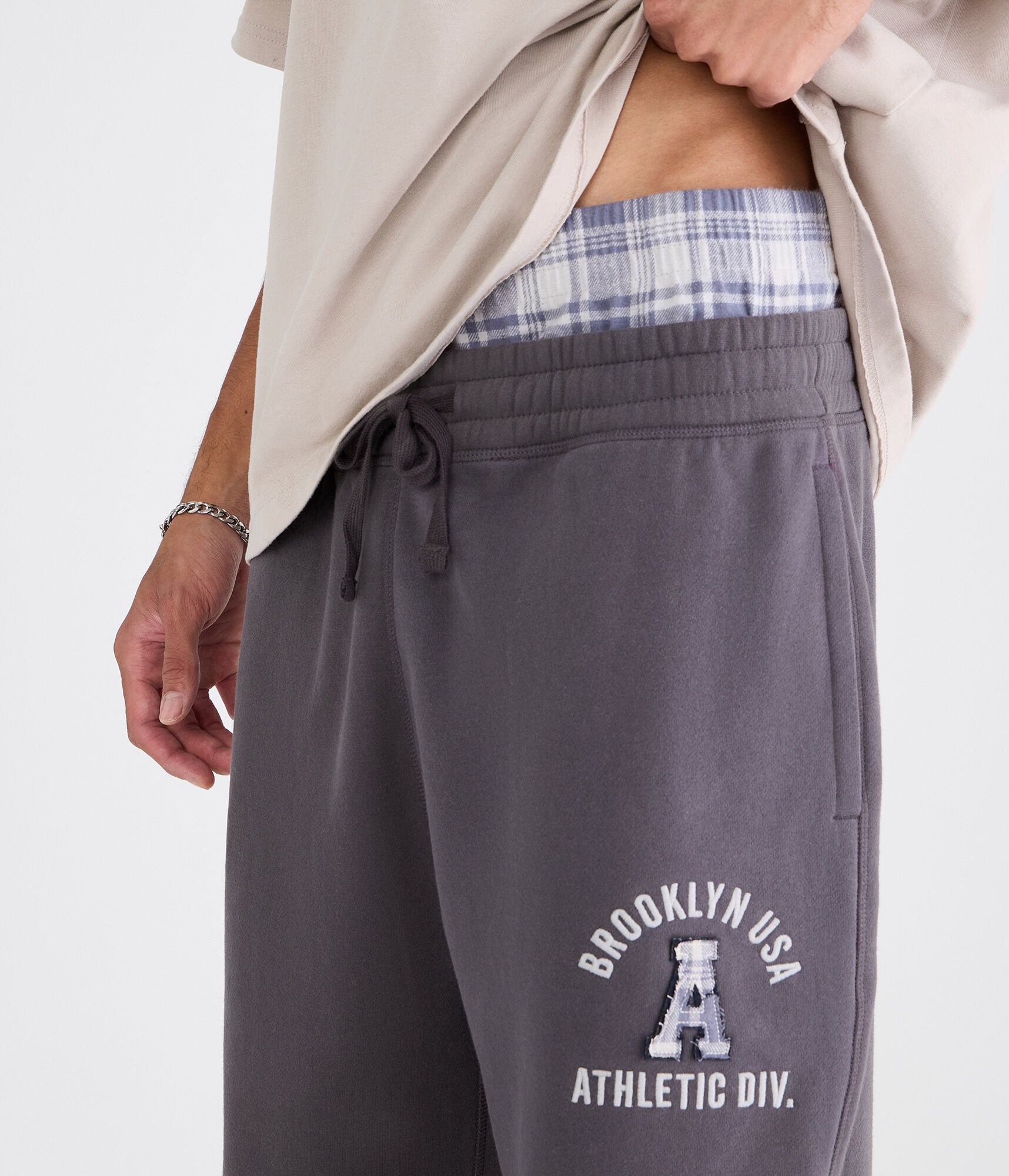 Cloud Soft Brooklyn Plaid Layered Waistband Baggy Sweatpants