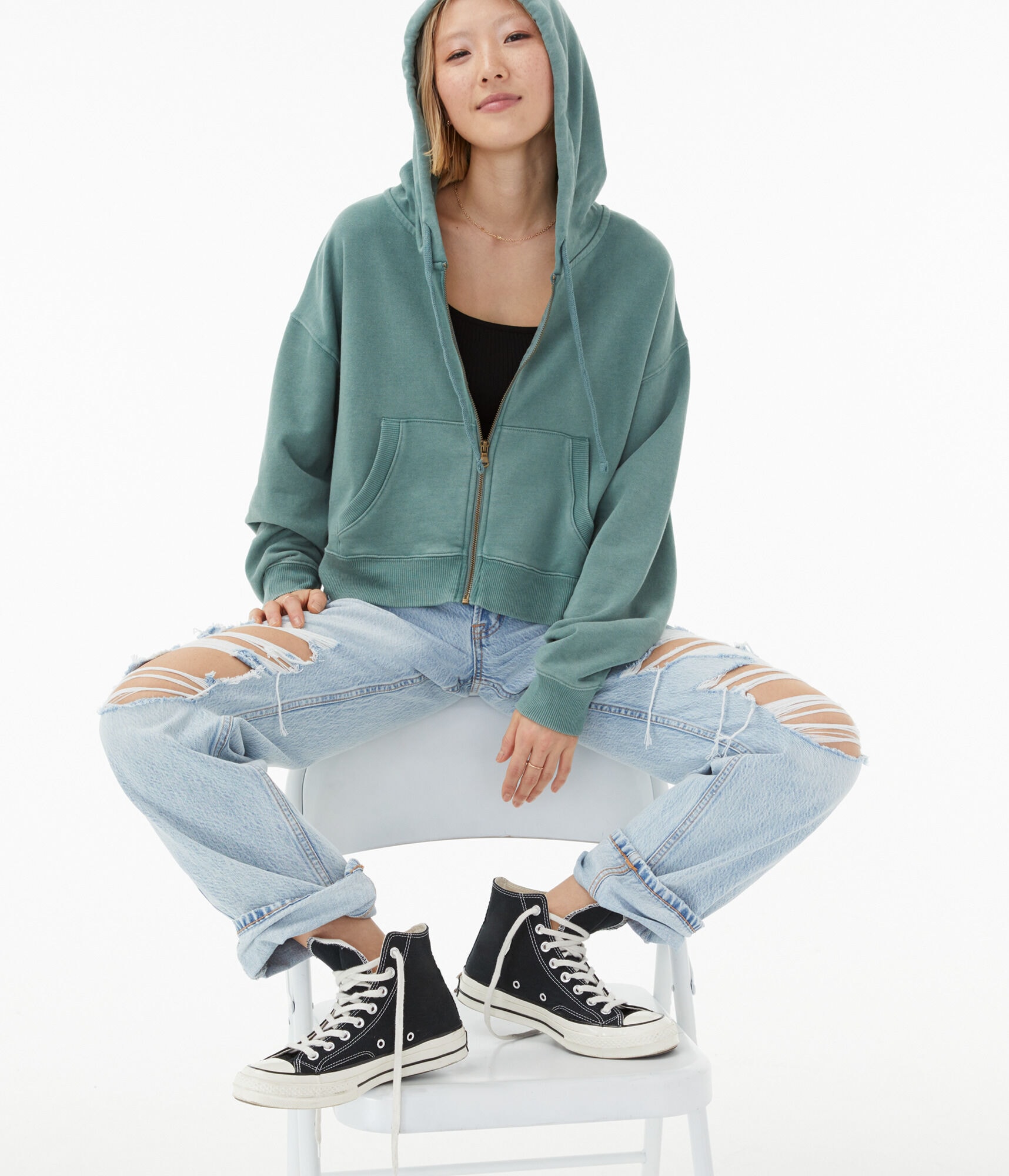 Slouchy Ocean Wash Full-Zip Hoodie