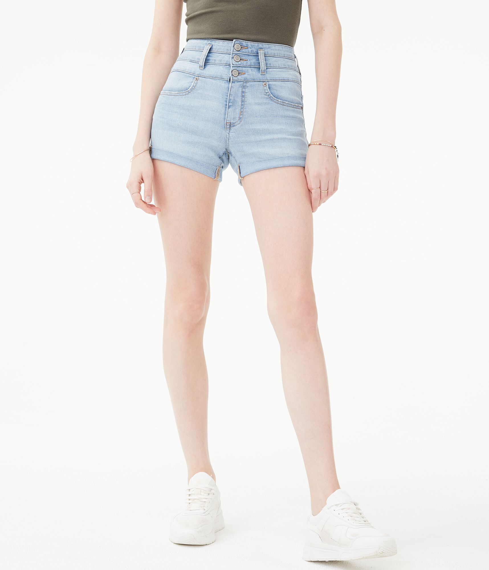 Seriously Stretchy Super High-Rise Triple-Waistband Denim Midi Shorts***