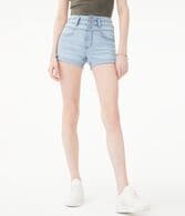 Seriously Stretchy Super High-Rise Triple-Waistband Denim Midi Shorts***