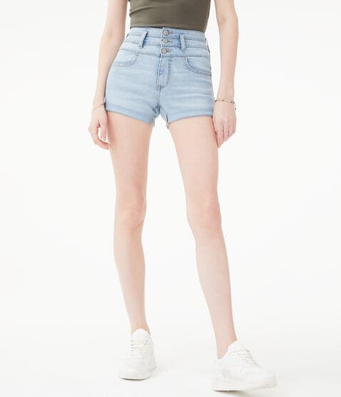 Seriously Stretchy Super High-Rise Triple-Waistband Denim Midi Shorts*** Seriously Stretchy Super High-Rise Triple-Waistband Denim Midi Shorts***