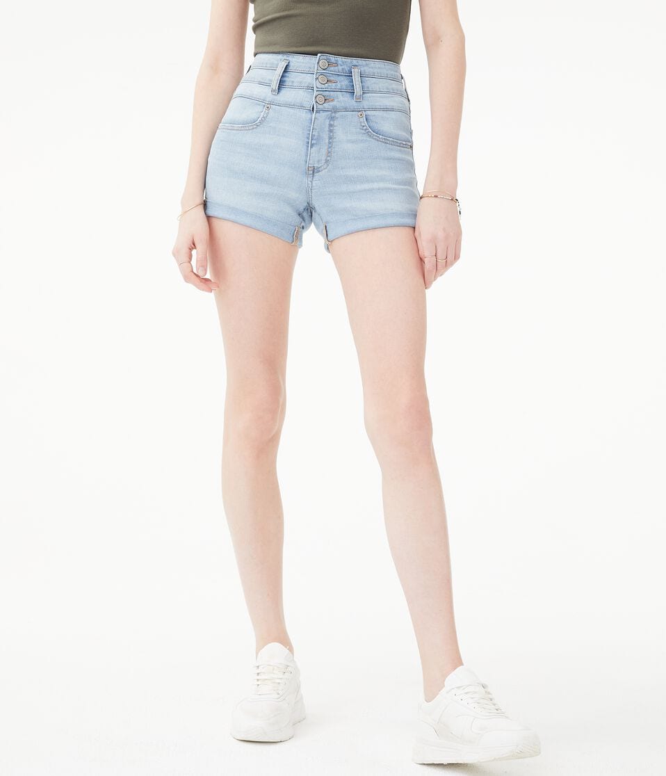 Seriously Stretchy Super High-Rise Triple-Waistband Denim Midi Shorts***