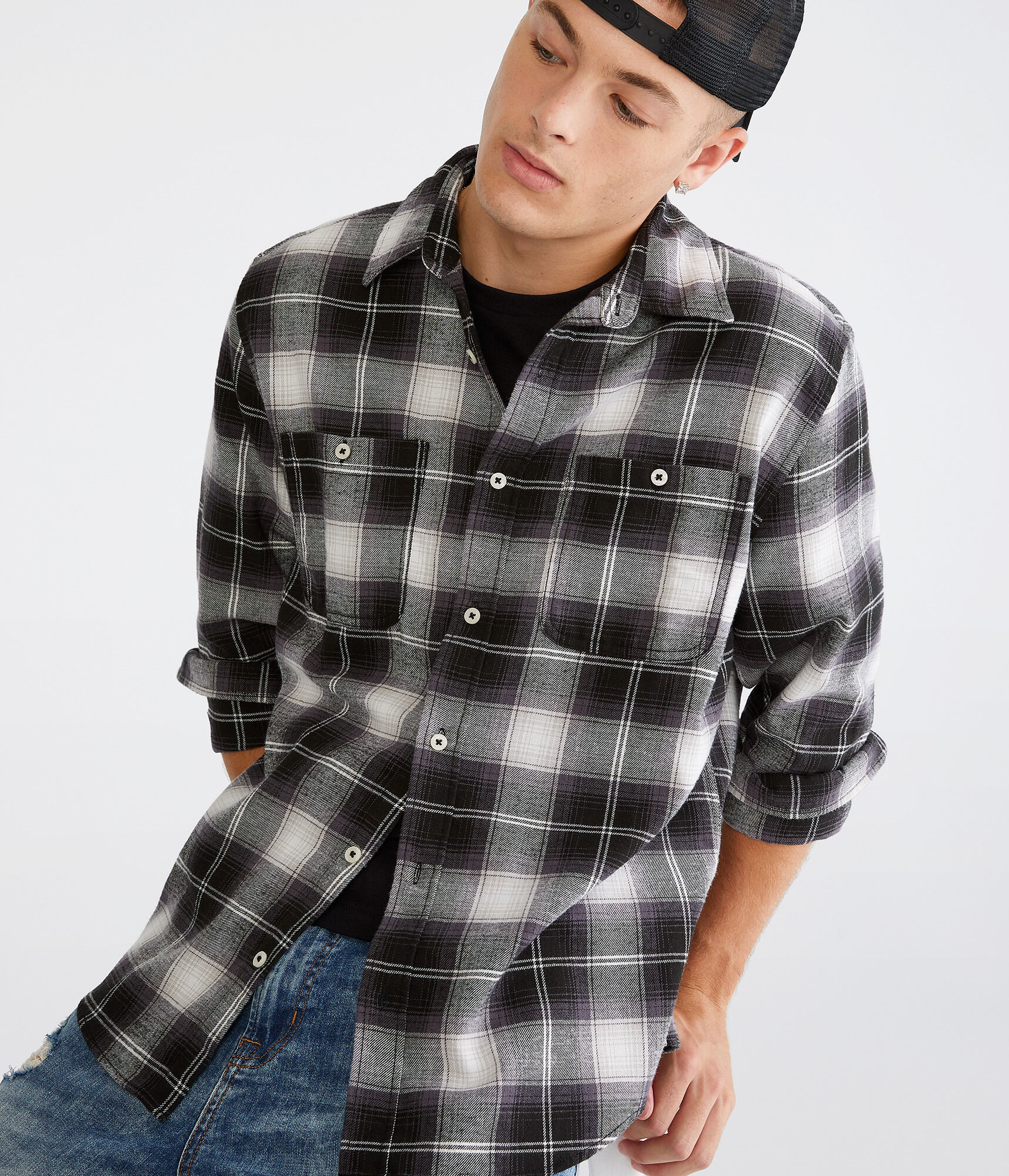Long Sleeve Relaxed Washed Plaid Flannel Shirt