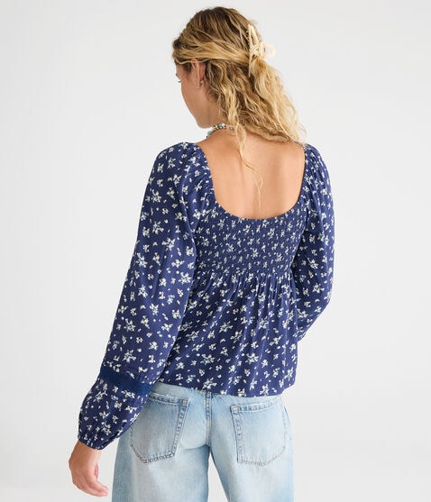 Long Sleeve Floral Lace & Pleats V-Neck Peasant Top Long Sleeve Floral Lace & Pleats V-Neck Peasant Top