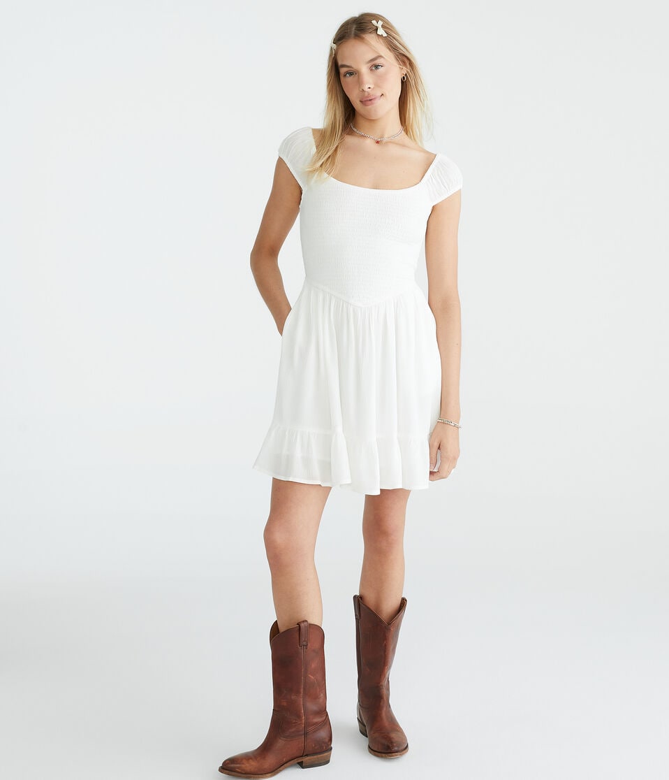 Solid Scoop-Neck Smocked V-Waist Mini Dress