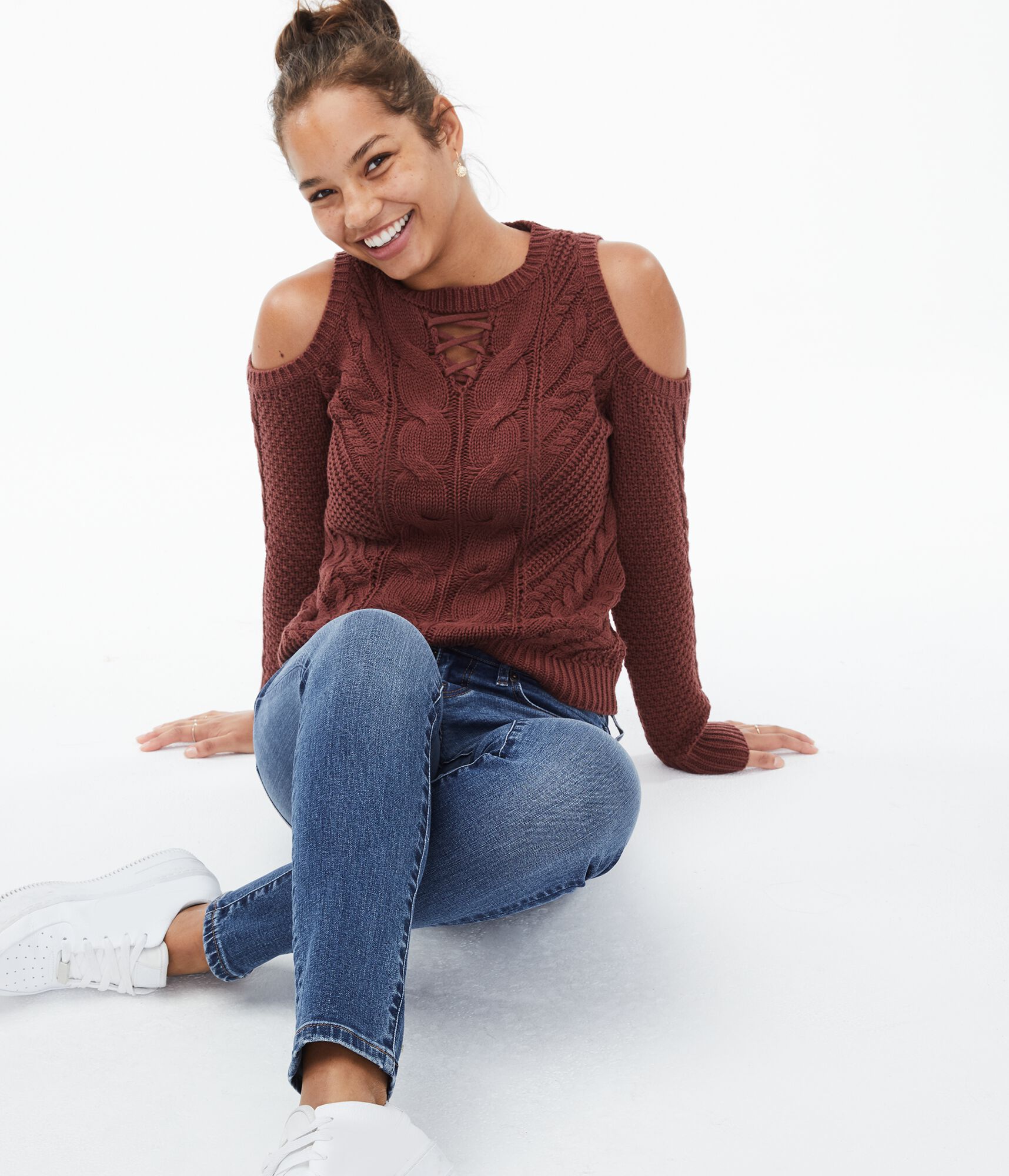 Lace-Up Cold-Shoulder Sweater