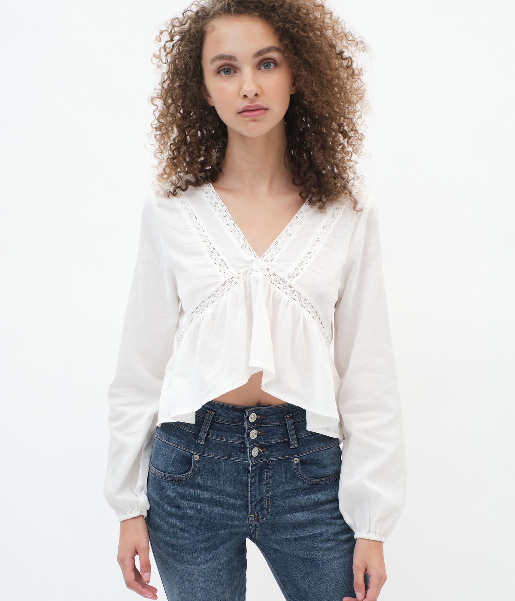 Long Sleeve Embroidered V-Neck Babydoll Top