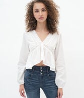 Long Sleeve Embroidered V-Neck Babydoll Top