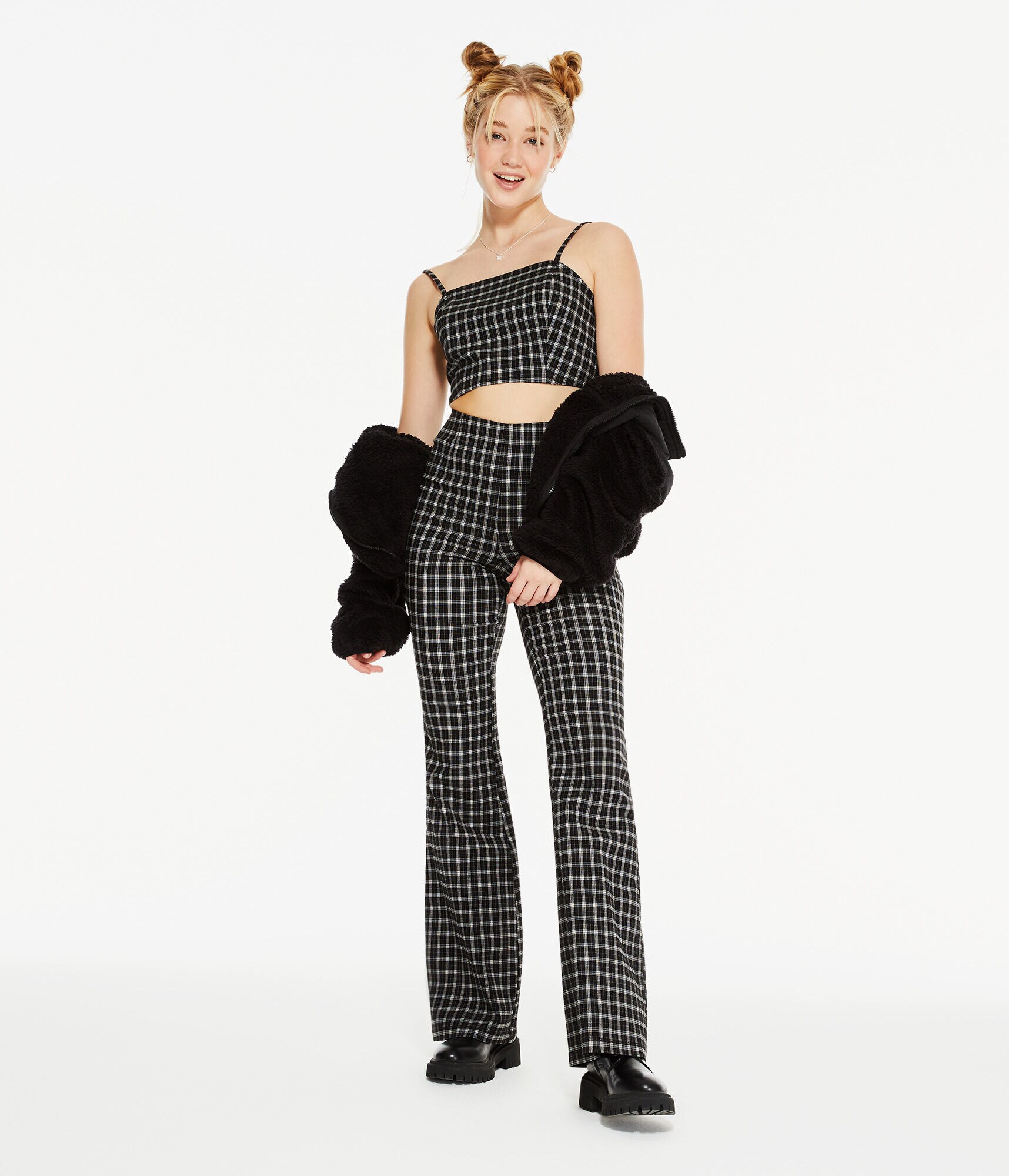 Plaid High-Rise Flare Pants