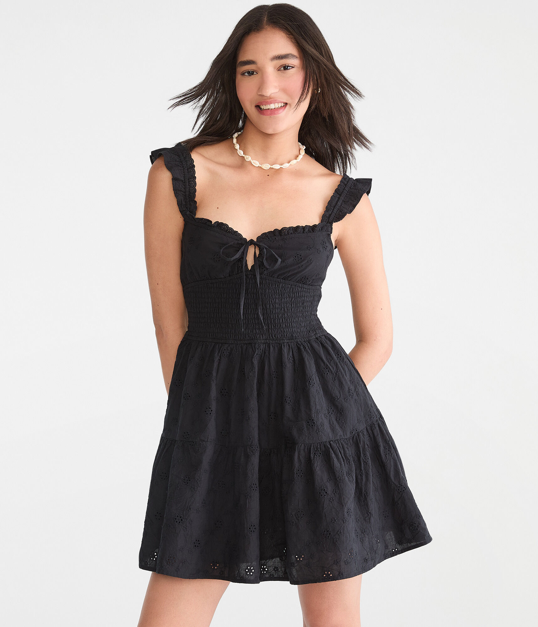 Solid Sweetheart Eyelet Ruffle Mini Dress
