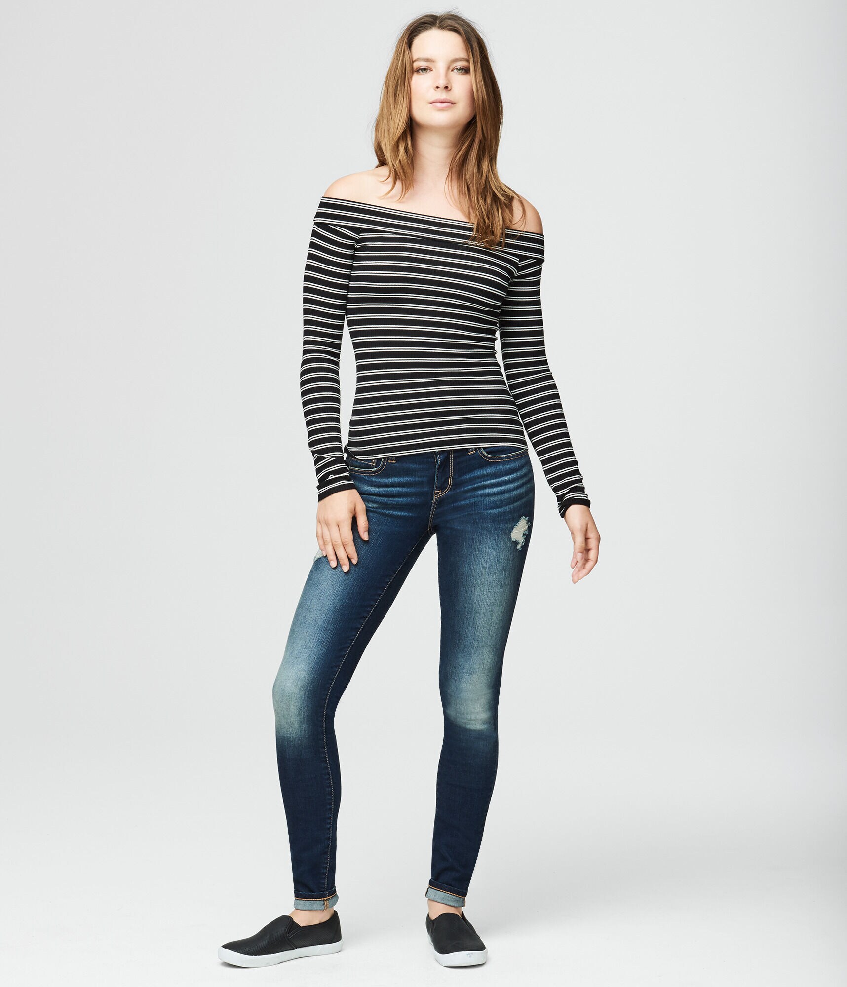 Striped Ribbed Off-The-Shoulder Top