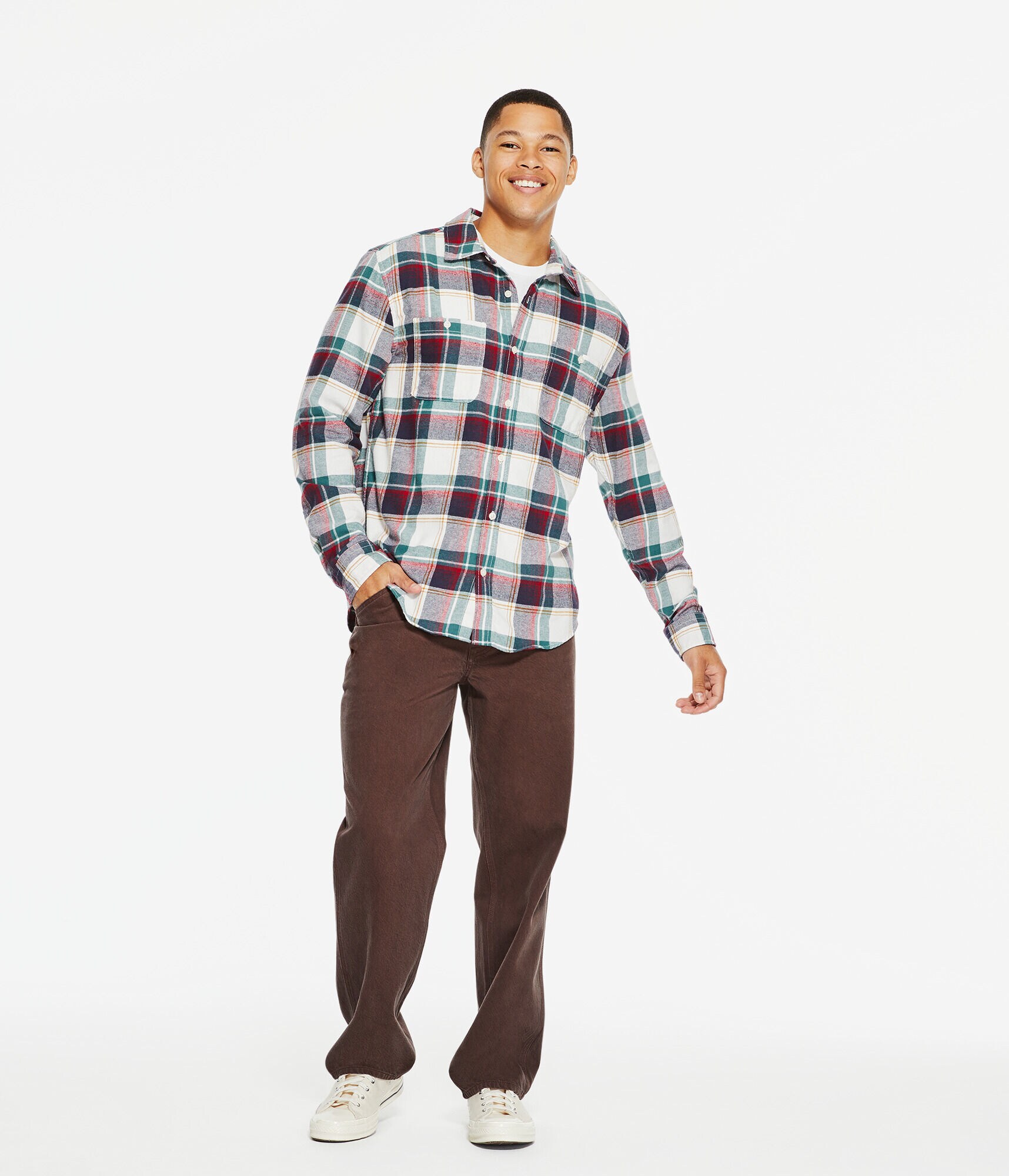 Long Sleeve Relaxed Washed Plaid Flannel Button-Down Shirt