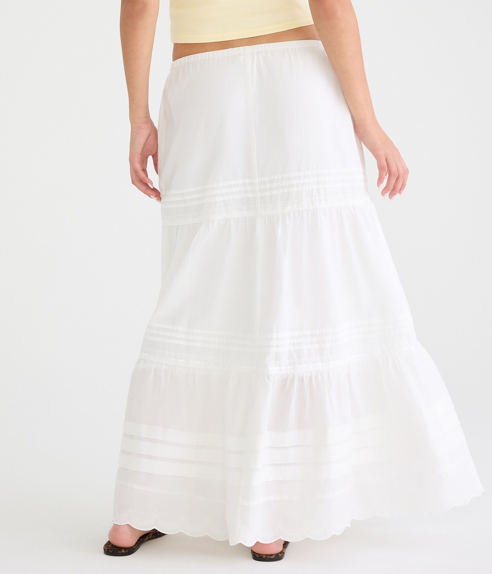 Pintuck &amp; Lace Tiered Maxi Skirt