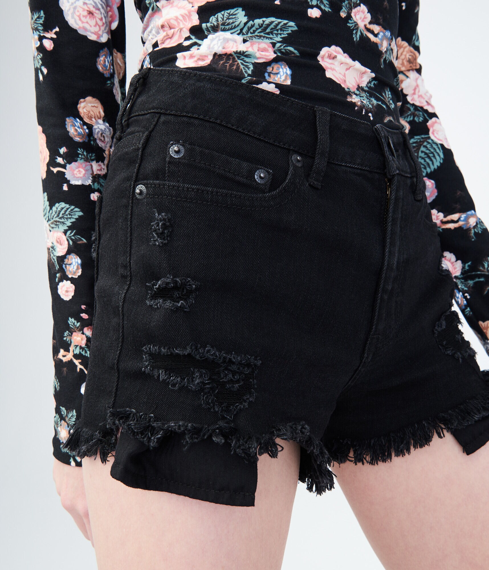 High-Waisted Color Wash Destroyed Denim Shorty Shorts