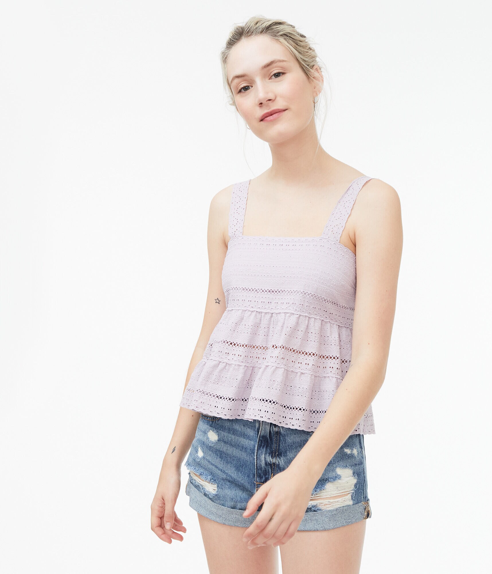Eyelet Tiered Cropped Babydoll Top