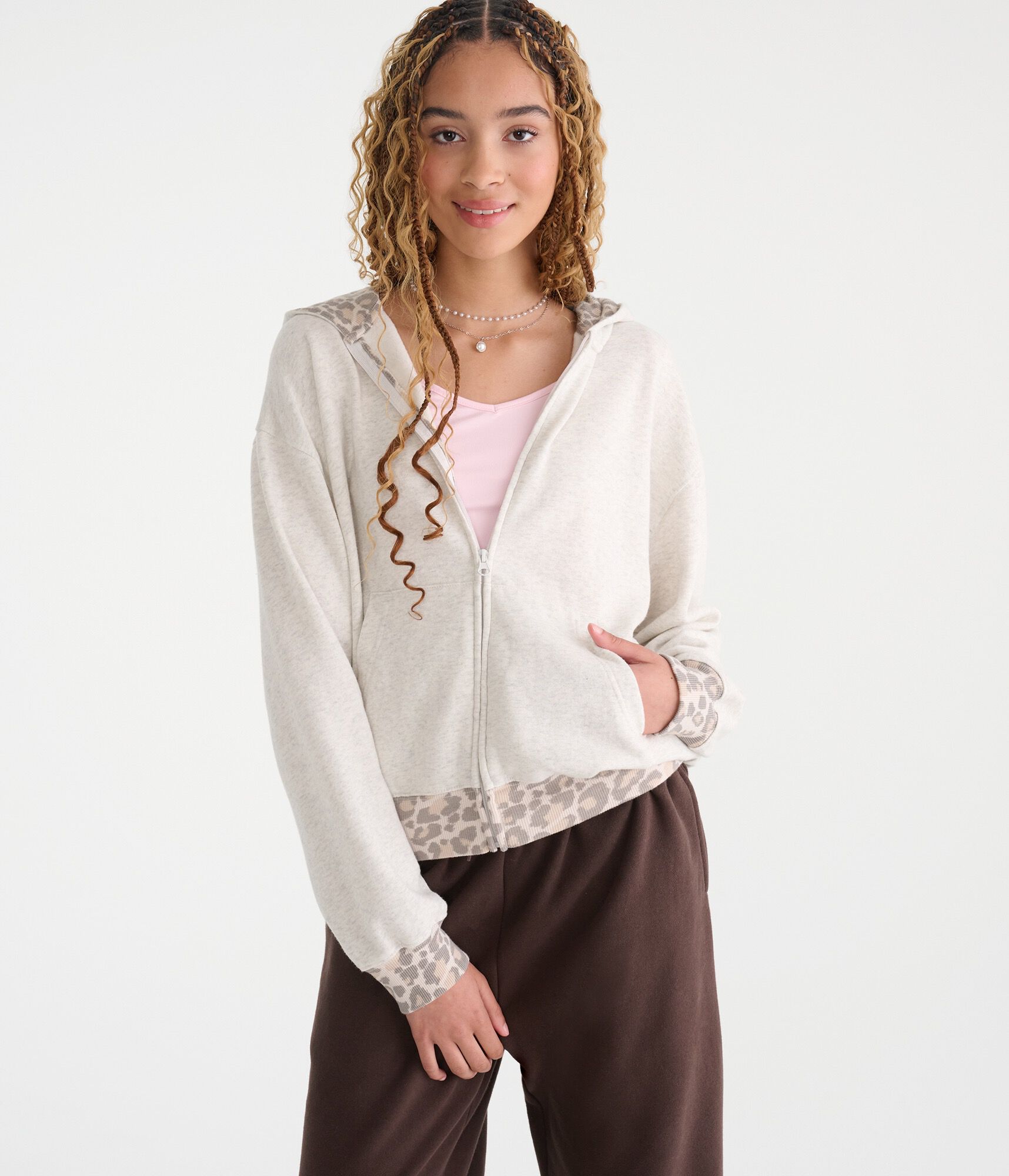 Cloud Soft Leopard-Trim Oversized Full-Zip Hoodie