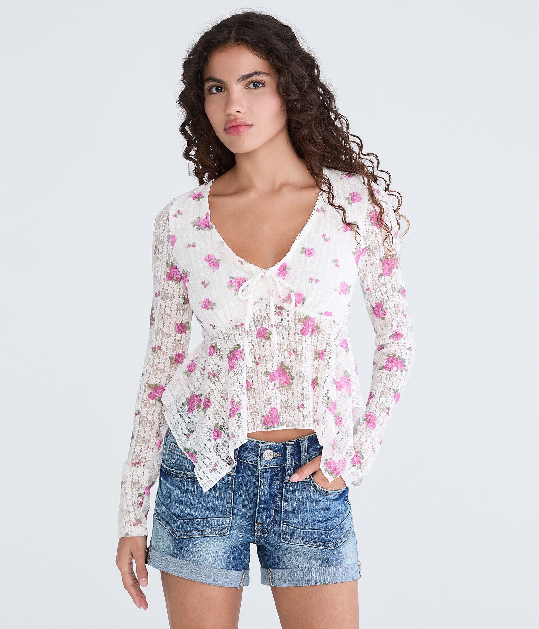 Long Sleeve Floral Textured Cropped V-Neck Babydoll Top