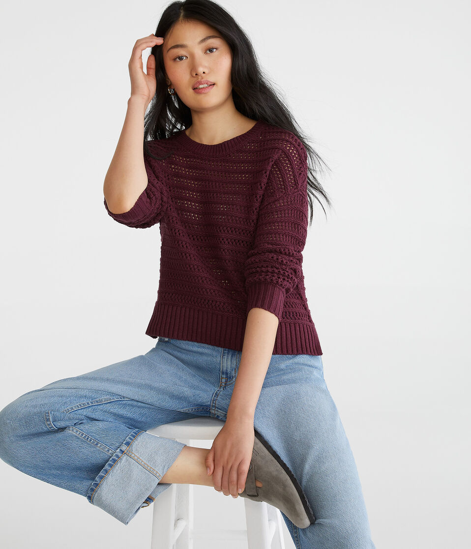 Open Knit High-Low Crew Sweater