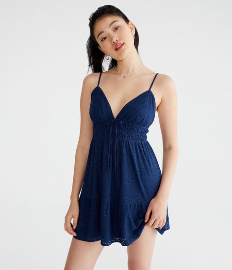Solid V-Neck Eyelet Babydoll Dress