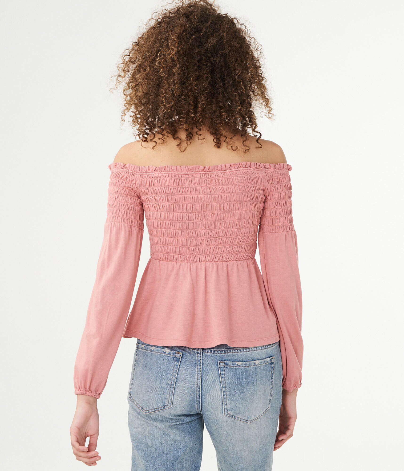 Long Sleeve Solid Smocked Off-The-Shoulder Top