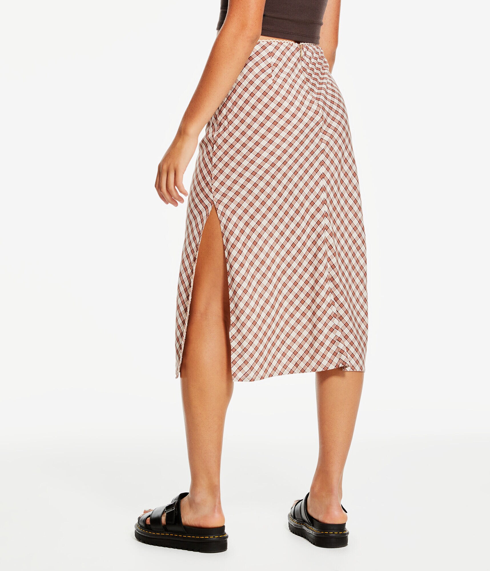 Plaid High-Waisted Slip Midi Skirt