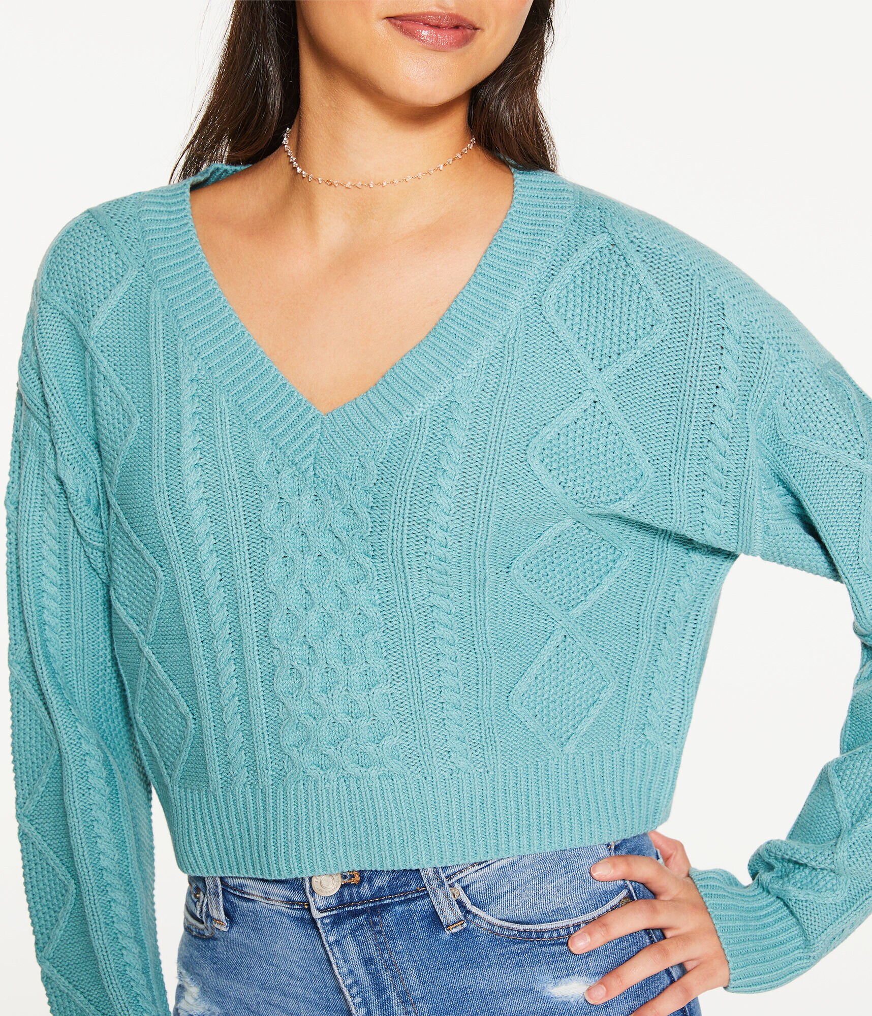 Cable-Knit Cropped V-Neck Sweater