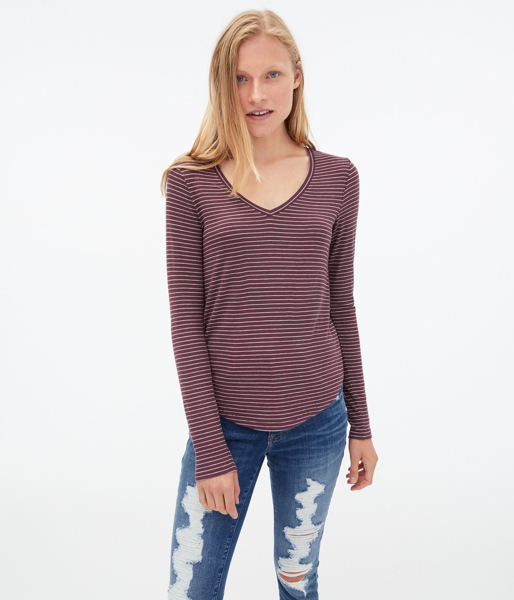 Long Sleeve Seriously Soft Striped Ribbed V-Neck Tee