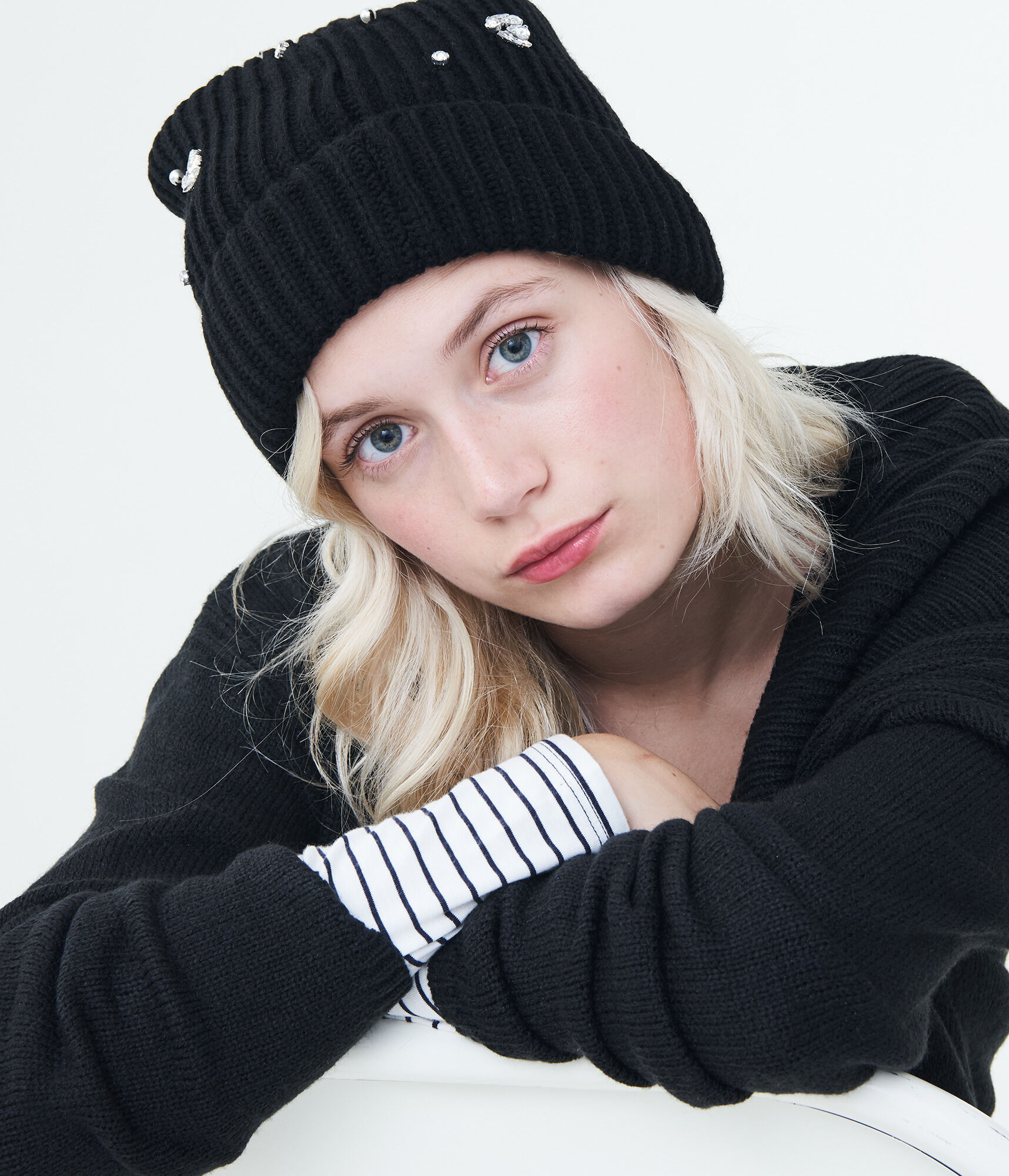 Embellished Rib-Knit Beanie