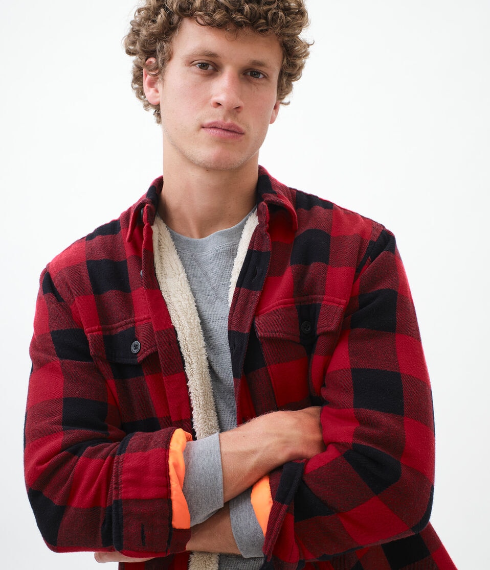 Long Sleeve Sherpa-Lined Buffalo Plaid Flannel Button-Down Shirt