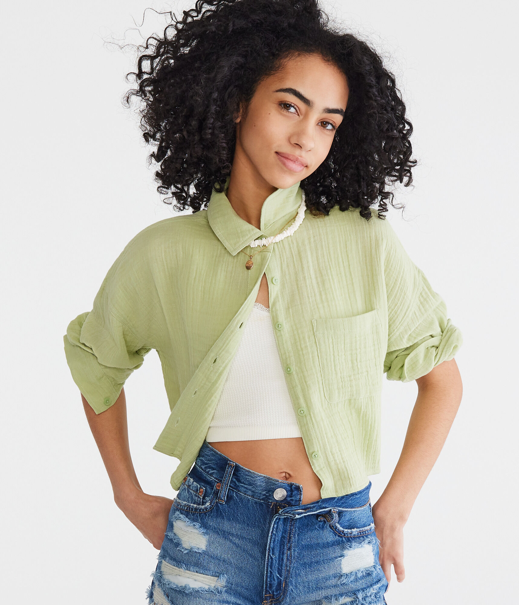 Long Sleeve Gauzy Oversized Cropped Shirt