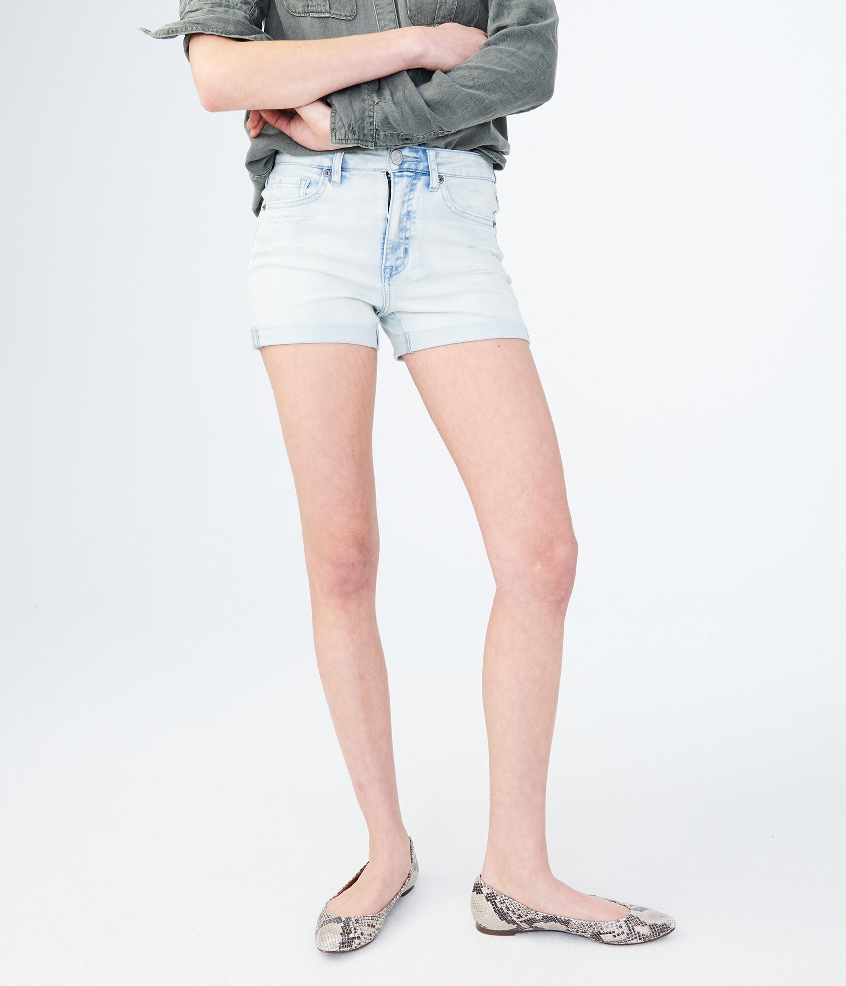 High-Waisted Light Wash Destroyed Denim Midi Shorts
