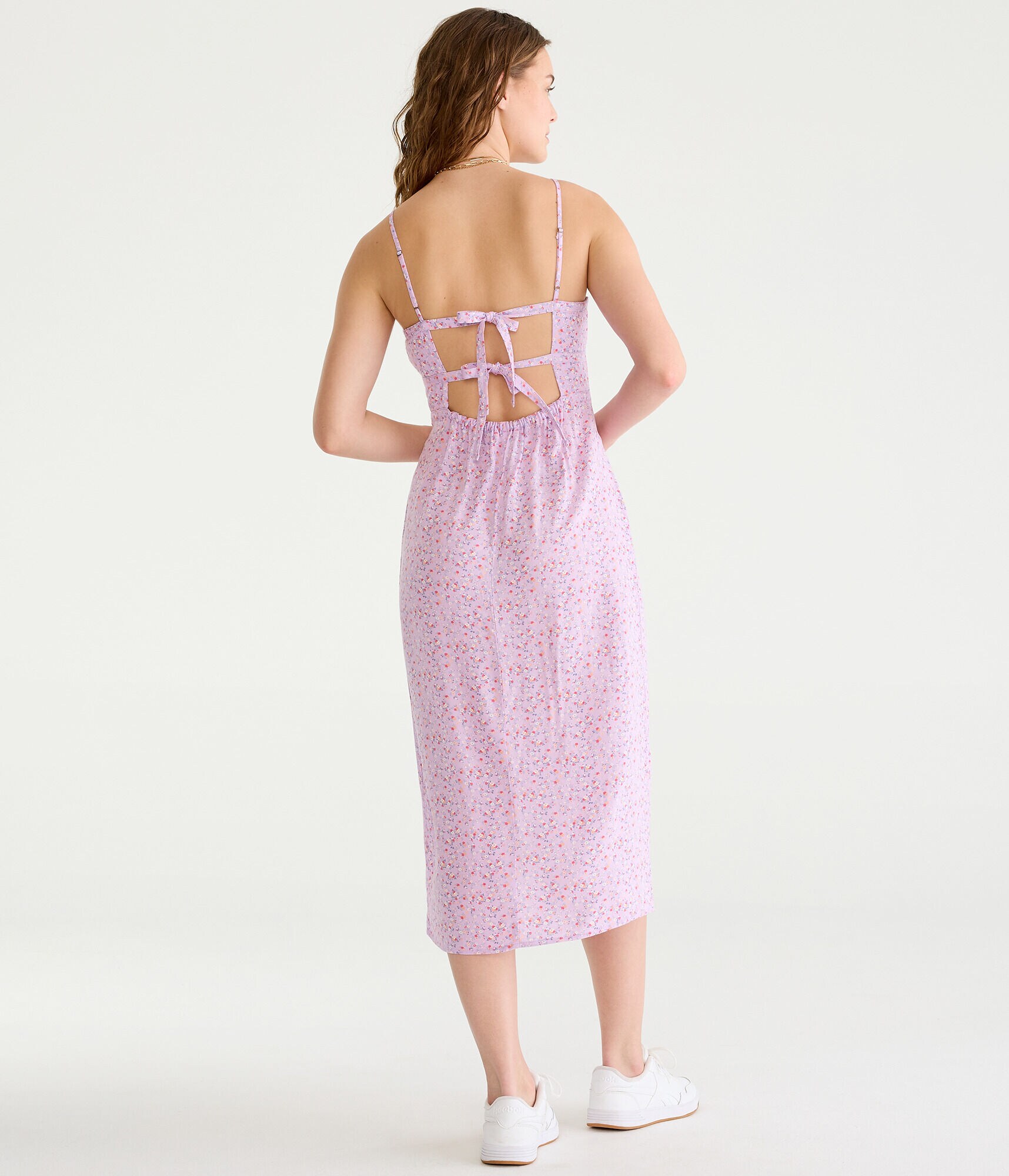 Floral Scoop-Neck Tie-Back Bustier Midi Dress