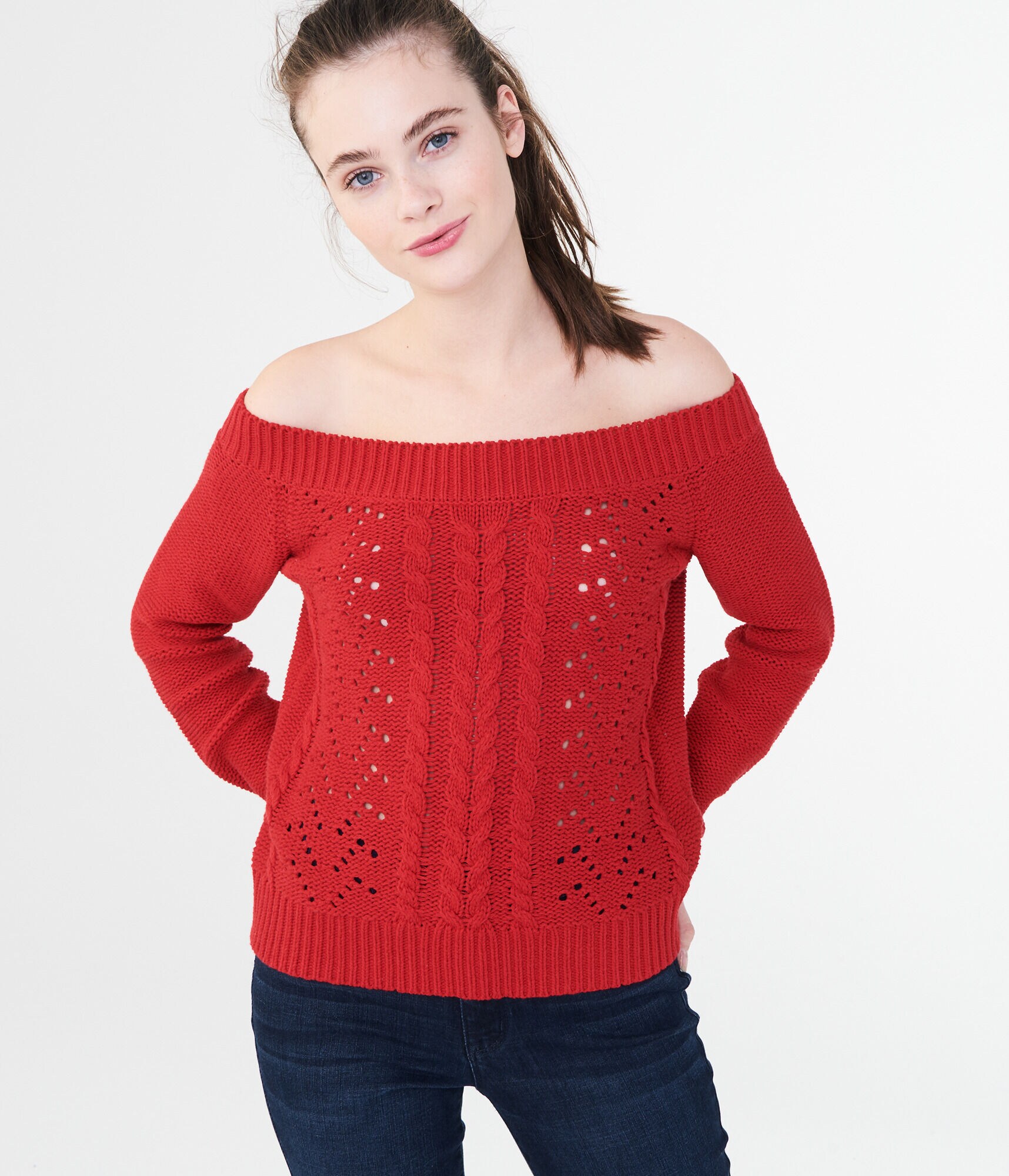 Solid Off-The-Shoulder Cable Sweater