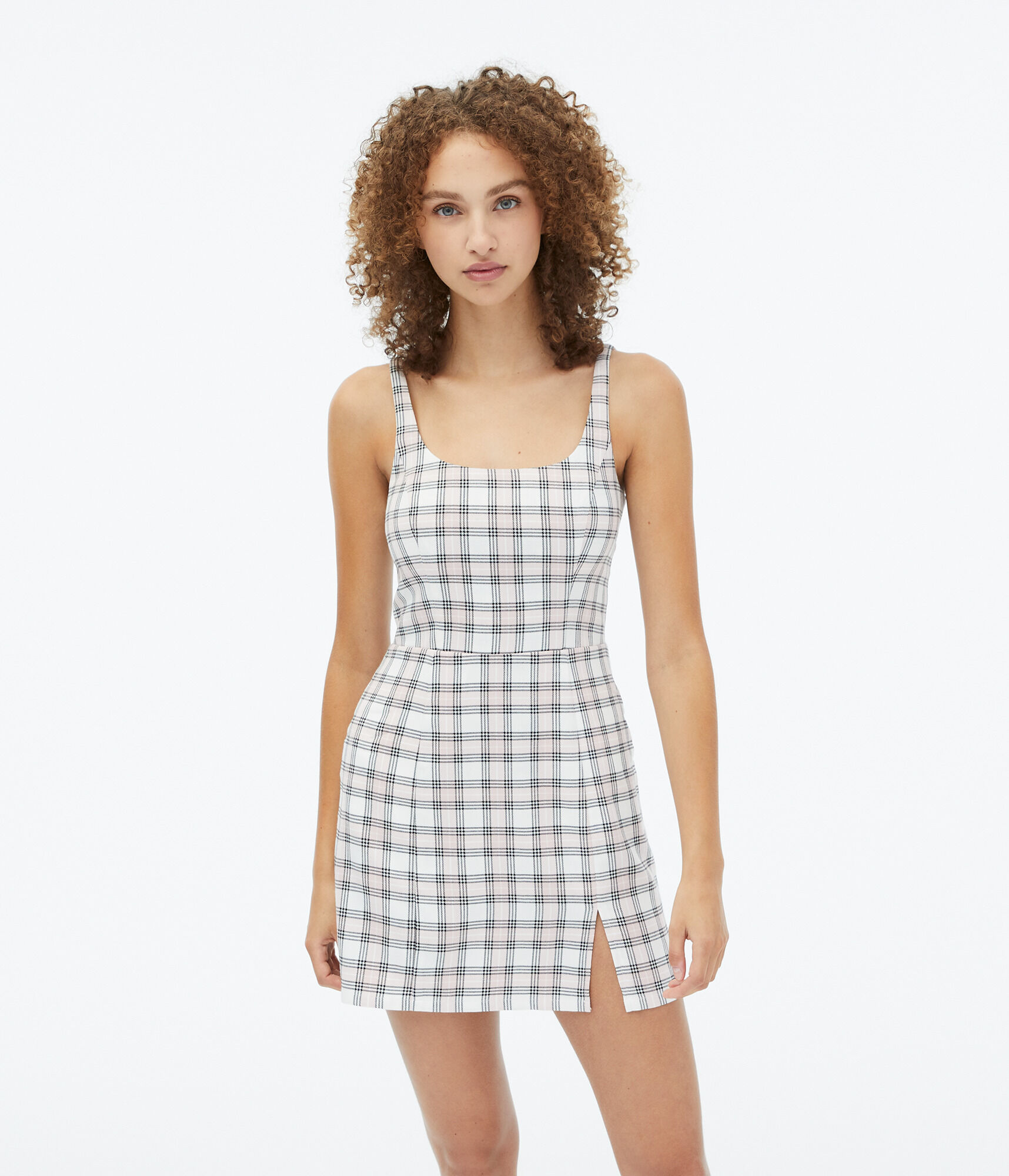 Plaid Scoop-Neck Notched Mini Dress