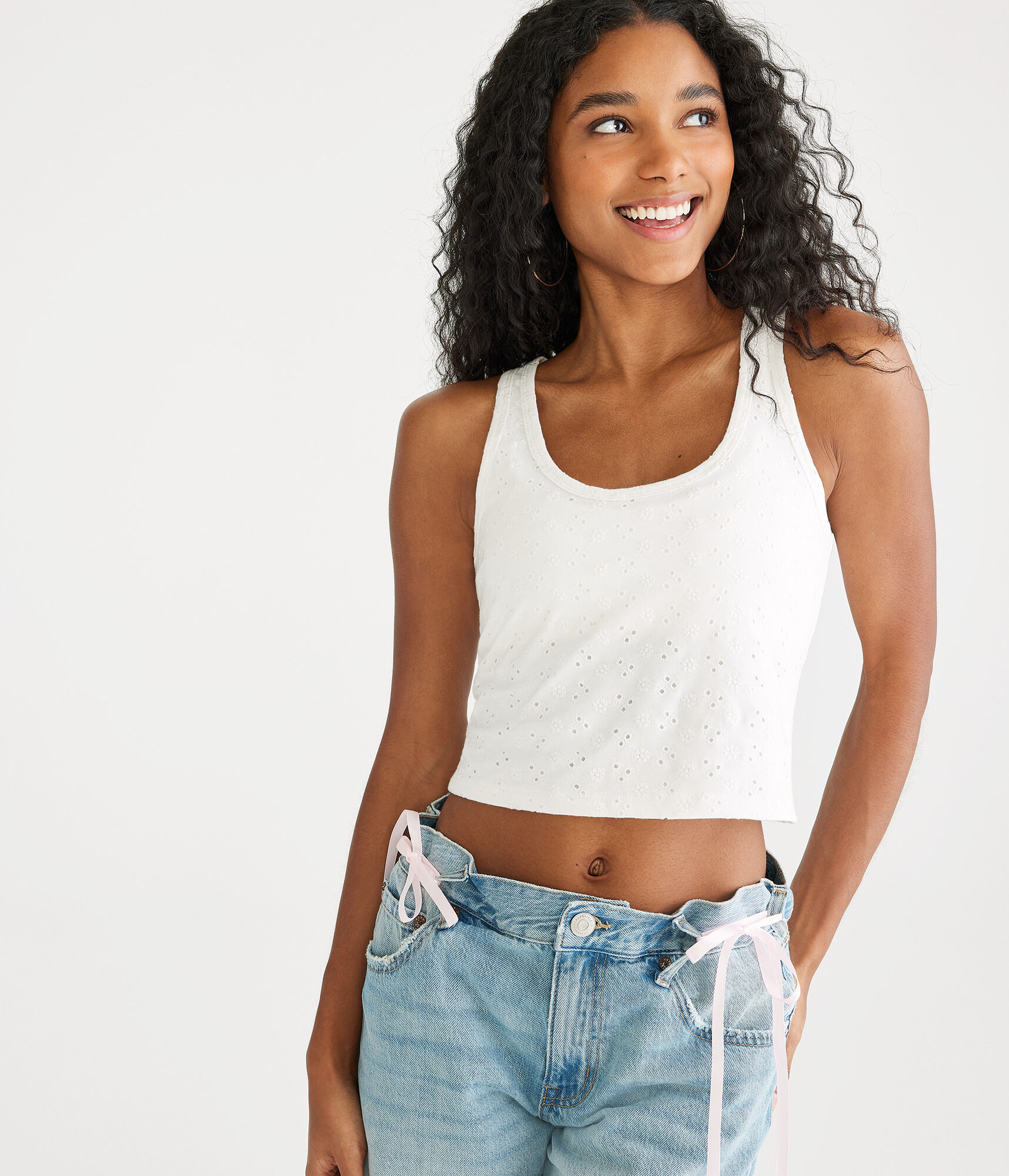 Eyelet Scoop-Neck Cropped Tank