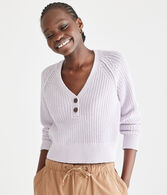 Ribbed Cropped V-Neck Henley Sweater