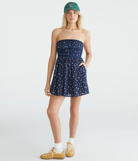Floral Strapless Swiss Dot Mini Dress Floral Strapless Swiss Dot Mini Dress