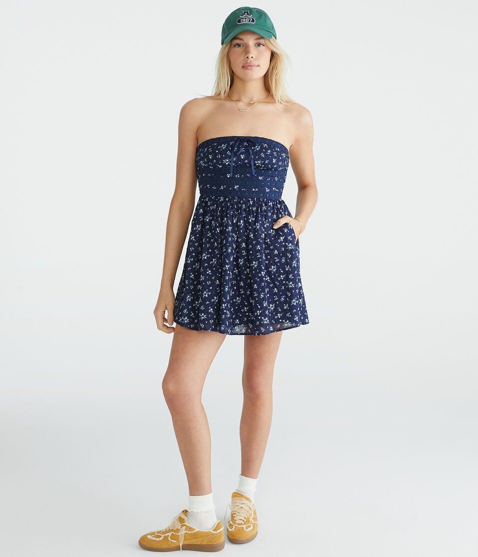 Floral Strapless Swiss Dot Mini Dress