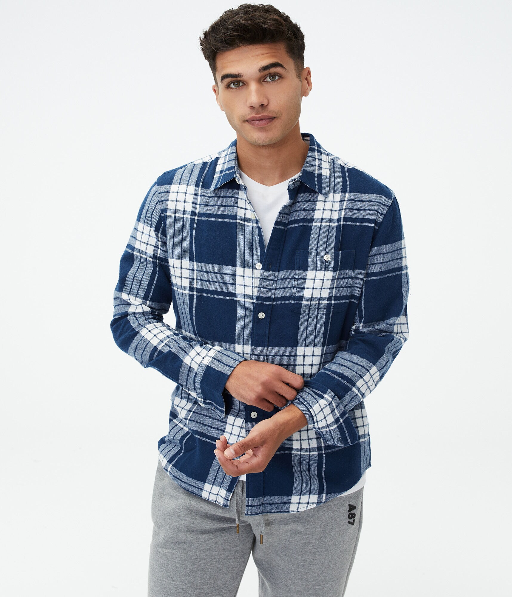 Long Sleeve Windowpane Plaid Flannel Button-Down Shirt