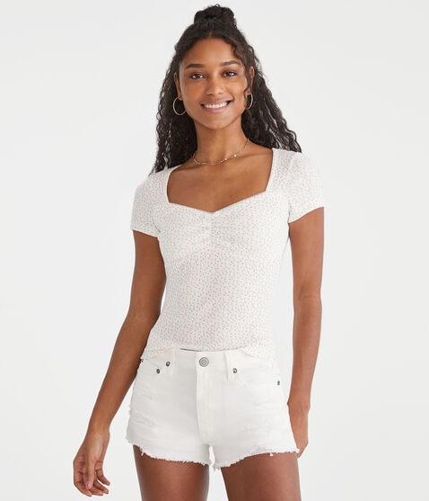 Floral Pointelle Cinch V-Neck Top Floral Pointelle Cinch V-Neck Top