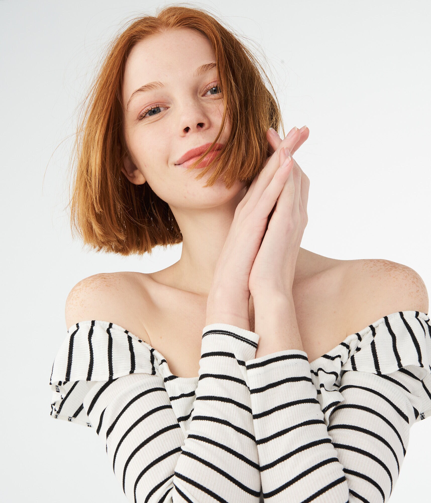 Long Sleeve Striped Ruffle V-Wire Off-The-Shoulder Top