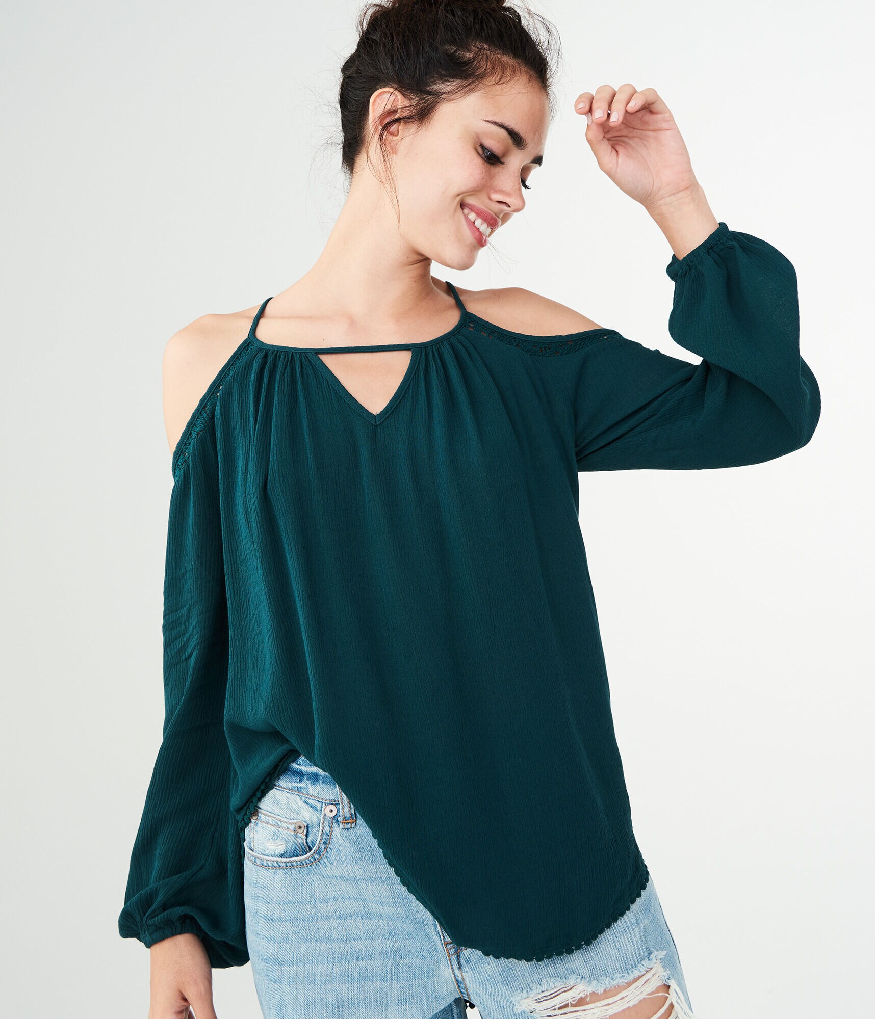 Long Sleeve Lace-Trim Cold-Shoulder Top