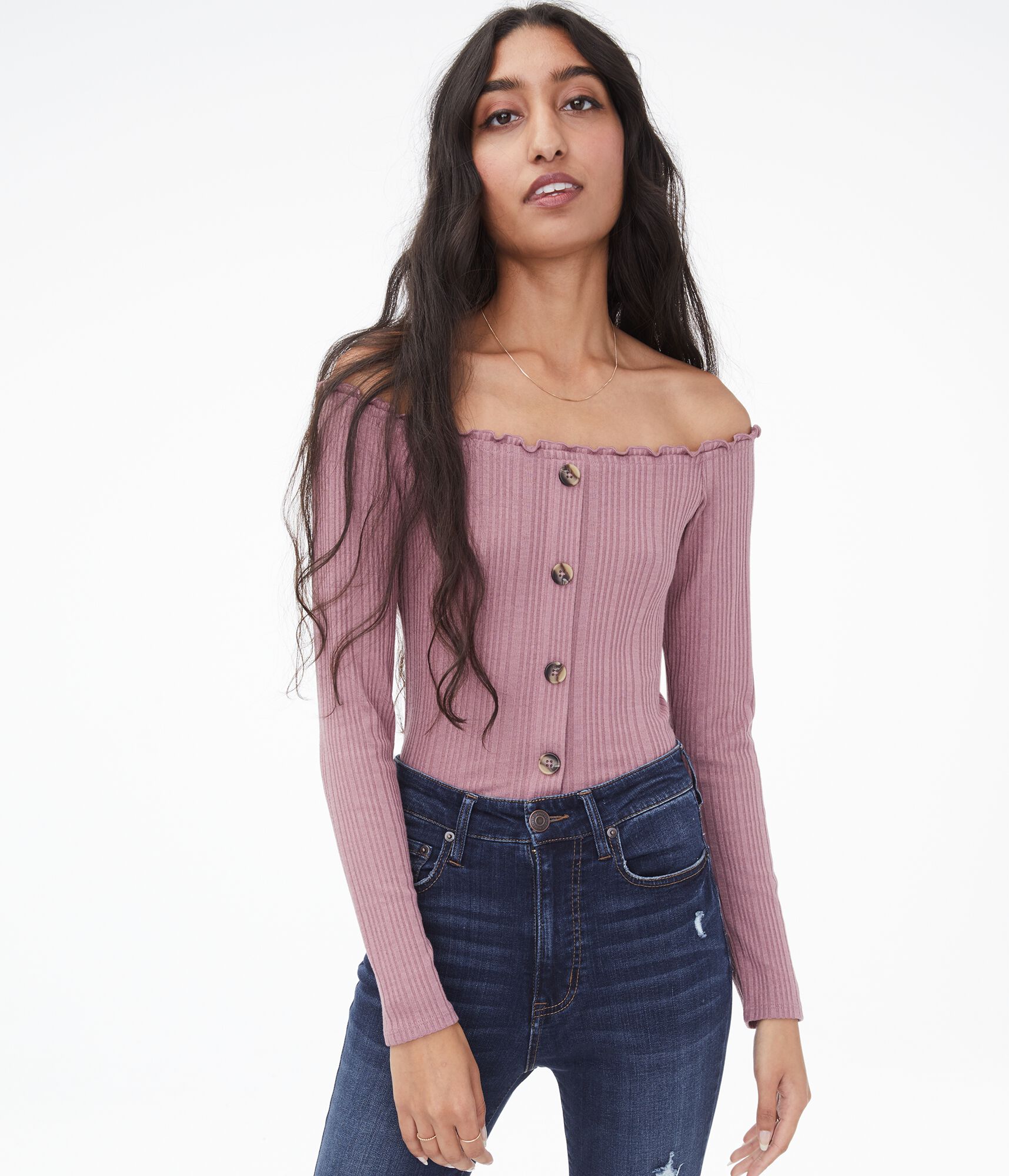 Long Sleeve Seriously Soft Buttoned Off-The-Shoulder Bodycon Top