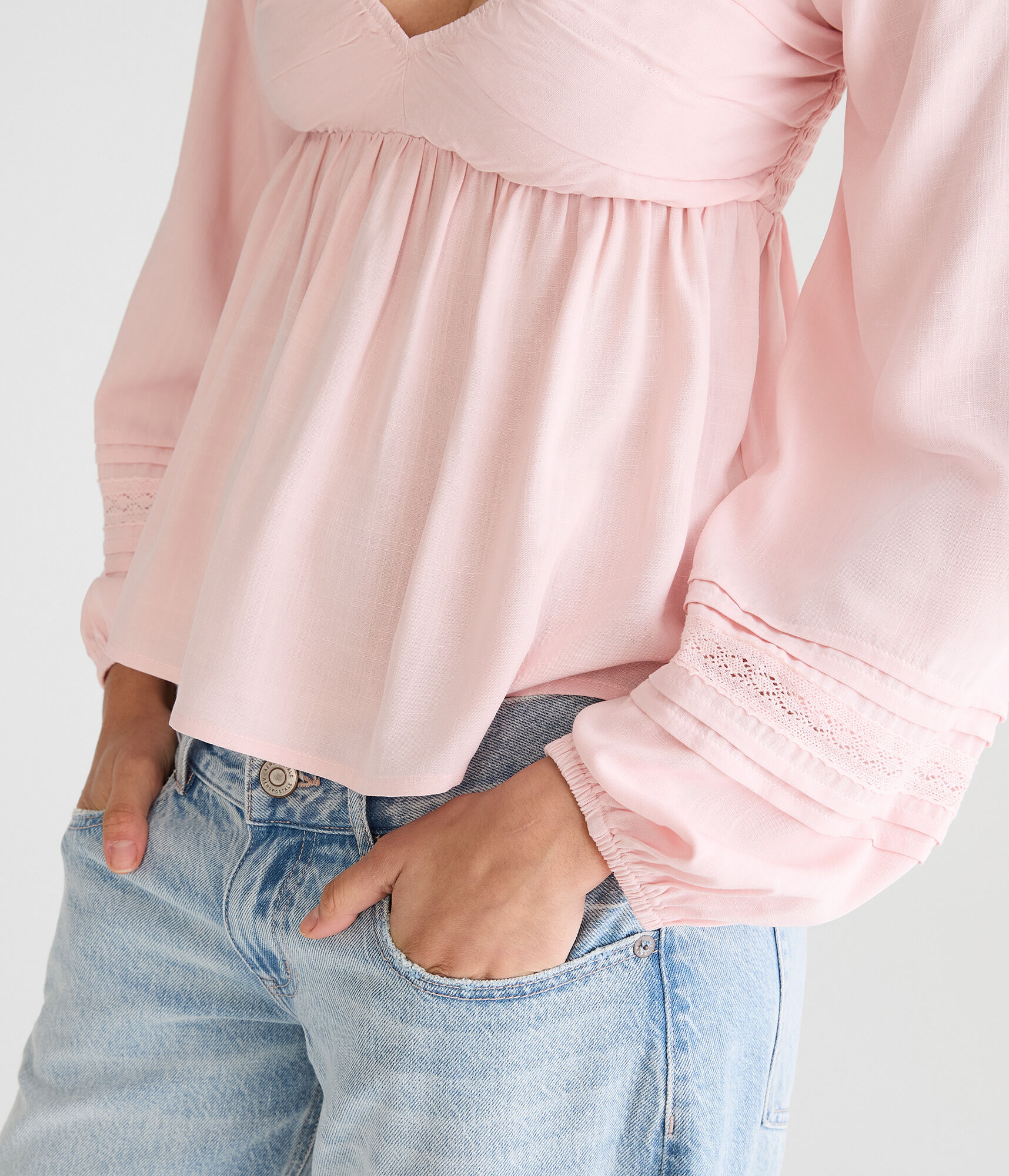 Long Sleeve Lace & Pleats V-Neck Peasant Top